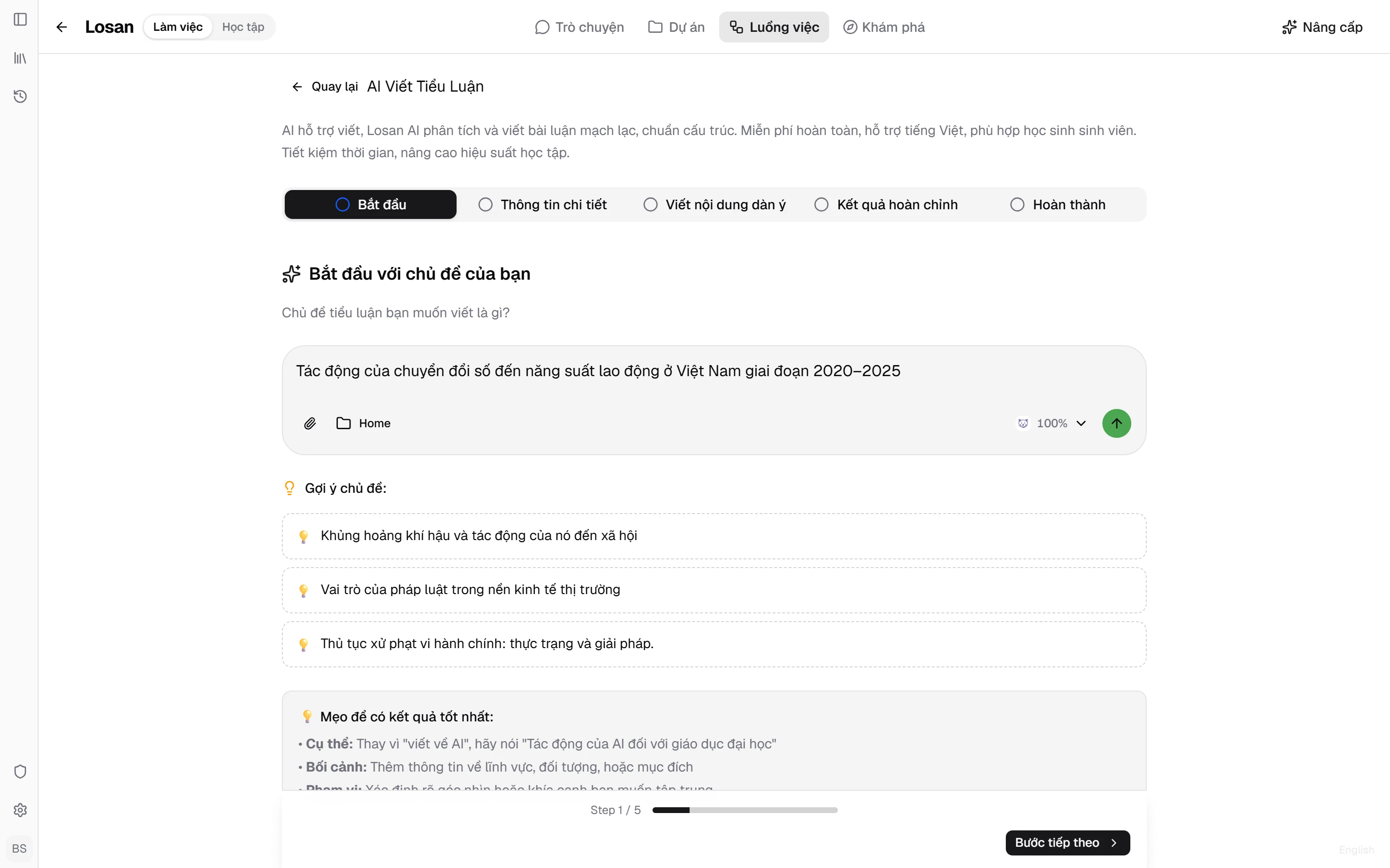Bước 1 của workflow: ô nhập chủ đề tiểu luận đã điền đề tài về chuyển đổi số và năng suất lao động