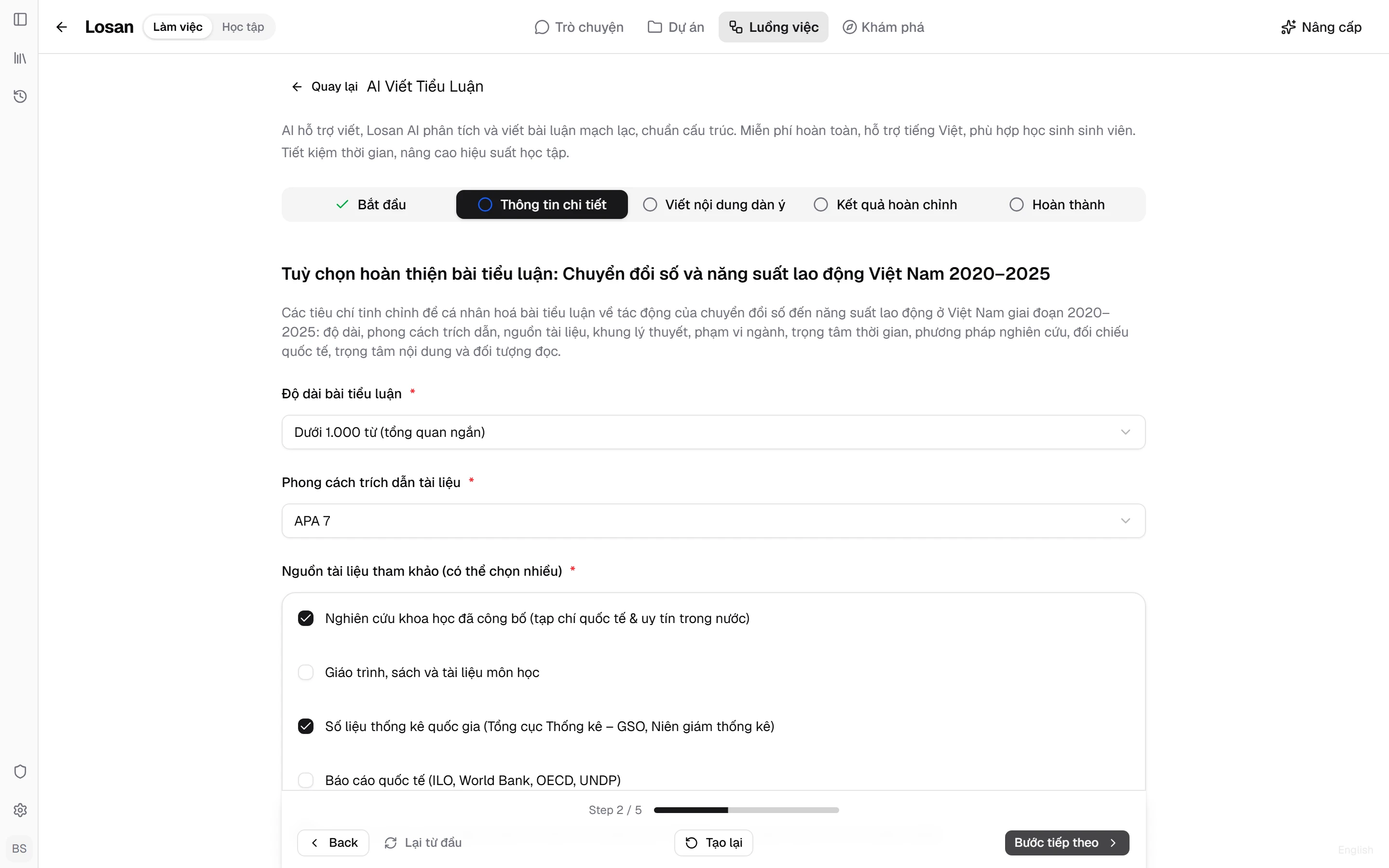 Form bước 2 của workflow với ô Phong cách trích dẫn tài liệu đang chọn APA 7 và danh sách nguồn tài liệu tham khảo có thể tick chọn