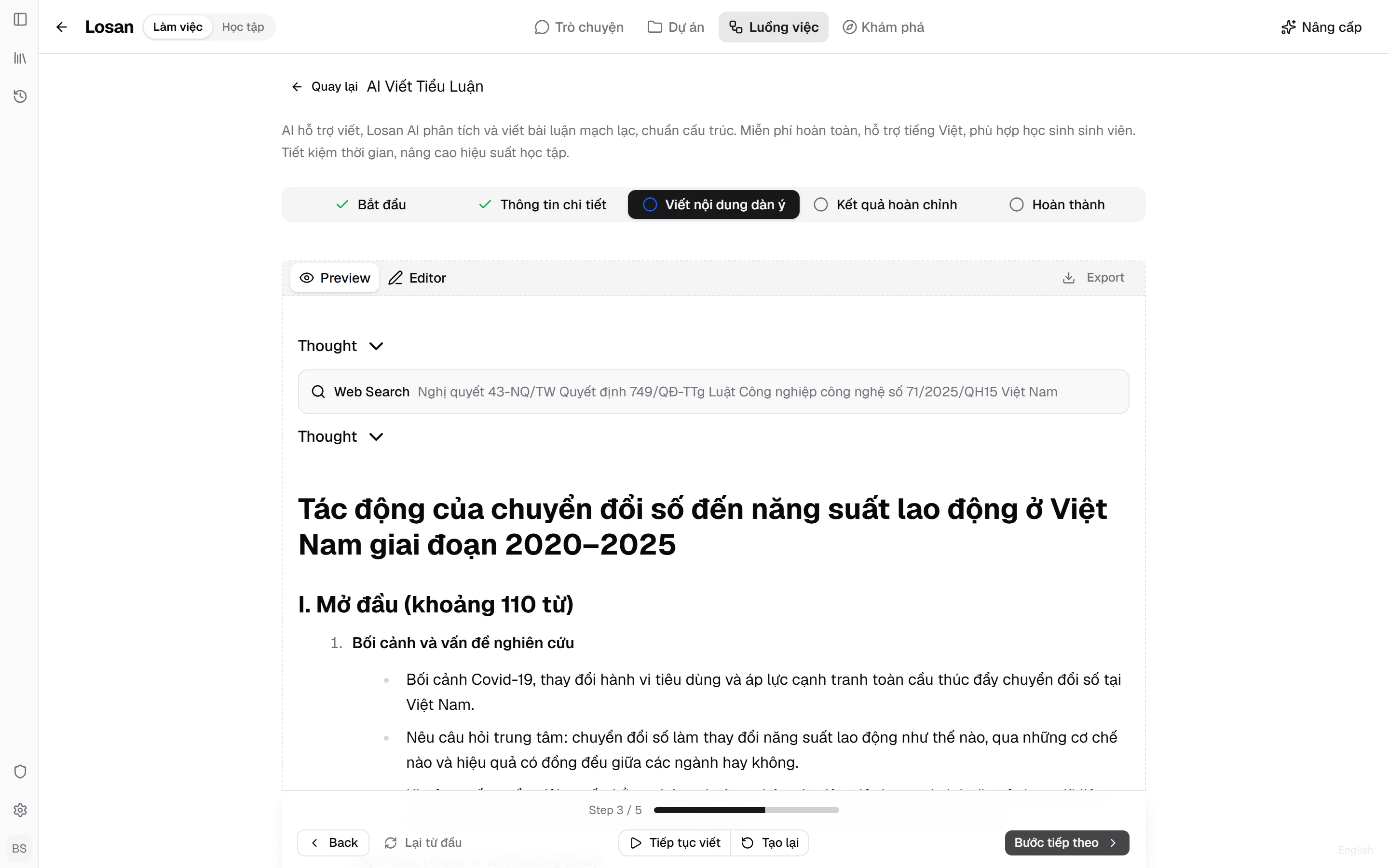 Bước 3 hiển thị thao tác Web Search đang tra Nghị quyết 43-NQ/TW, Quyết định 749/QĐ-TTg, Luật Công nghiệp công nghệ số 71/2025/QH15