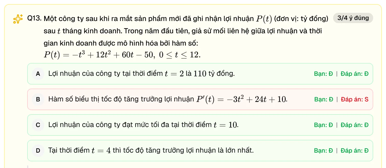 Câu đúng/sai số 13 đề thi thử Toán Chuyên KHTN 2026 đã chấm trên LOSAN: nhãn 3/4 ý đúng, ý B chọn Đúng nhưng đáp án là Sai, ba ý còn lại đúng