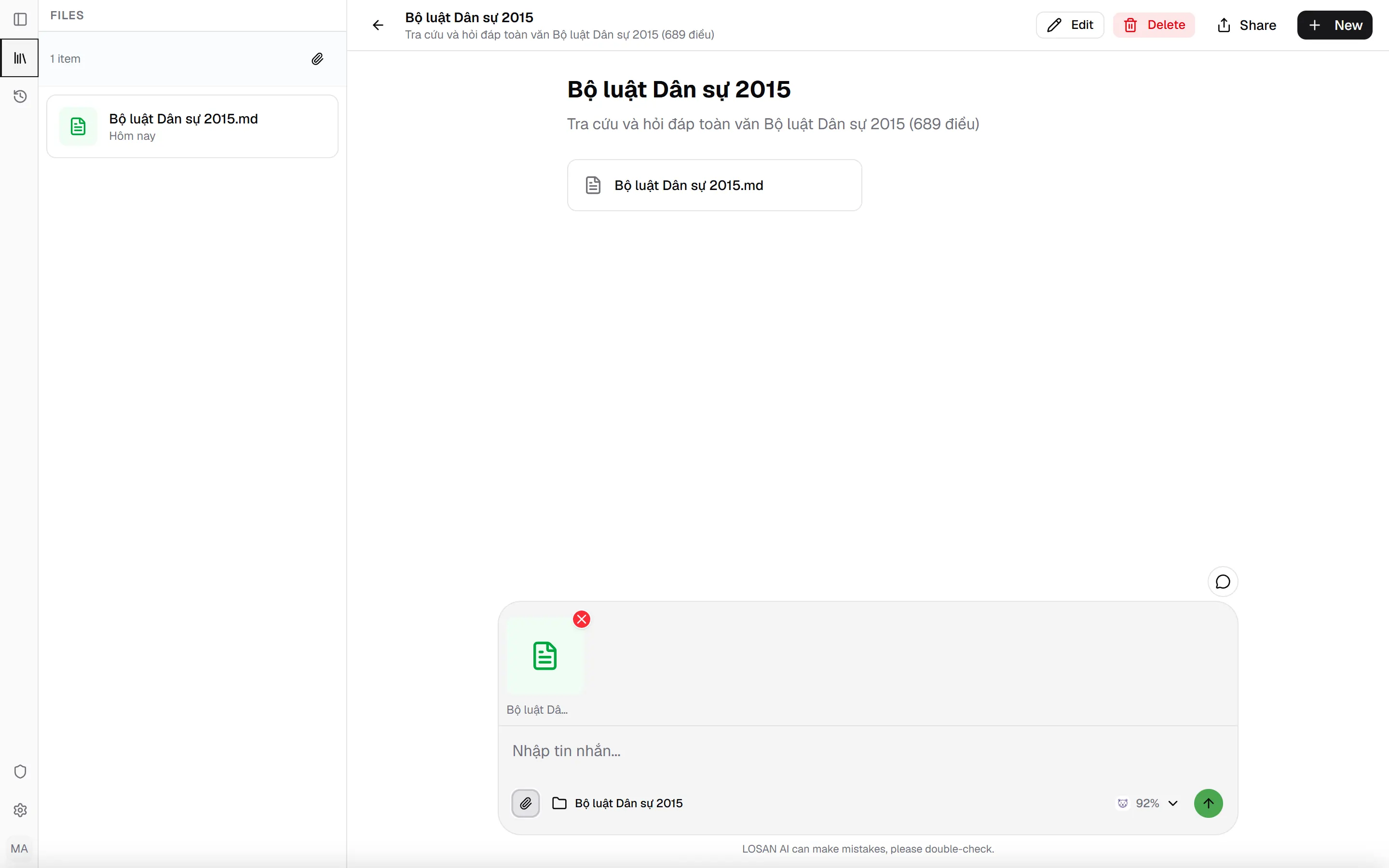 Cuộc trò chuyện mới trong dự án LOSAN, file Bộ luật Dân sự 2015 vẫn nằm ở cột trái và được chọn lại bằng nút kẹp giấy