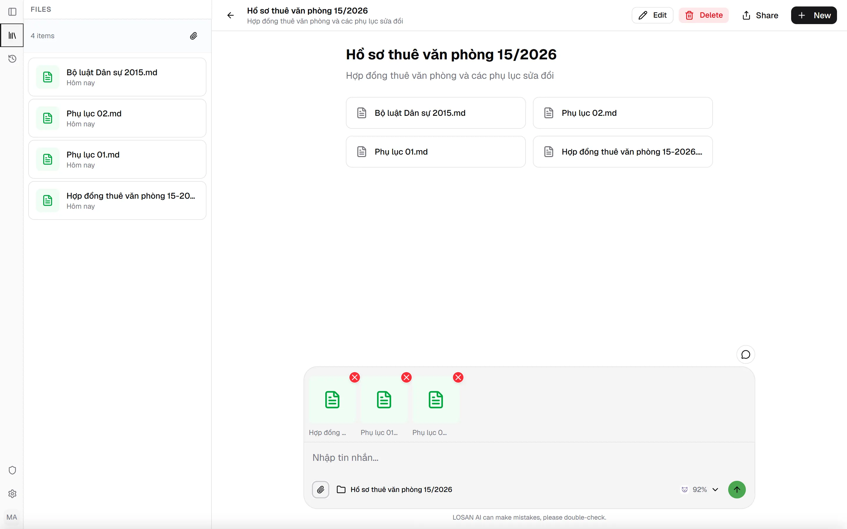Dự án hồ sơ trên LOSAN với nhiều file, chỉ hợp đồng và hai phụ lục được chọn đính kèm vào câu hỏi