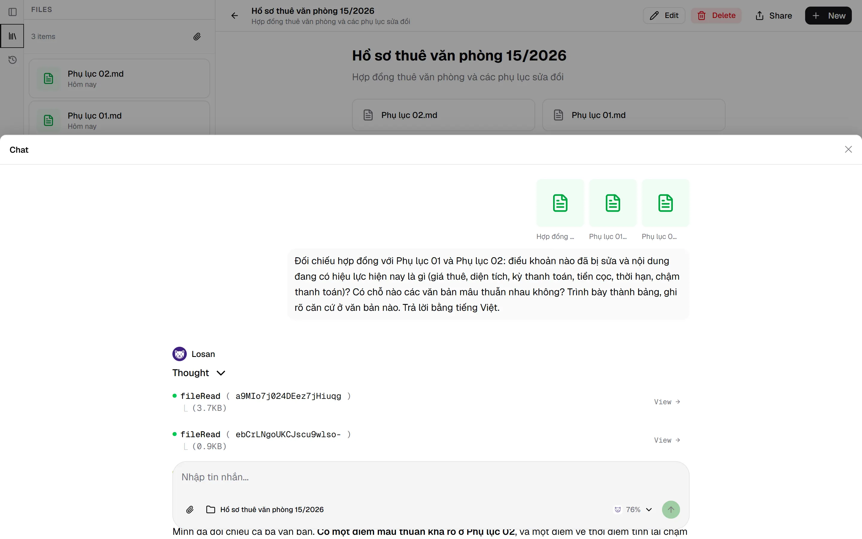 Dự án Hồ sơ thuê văn phòng trên LOSAN với hợp đồng và hai phụ lục được đính kèm cùng lúc vào câu hỏi đối chiếu