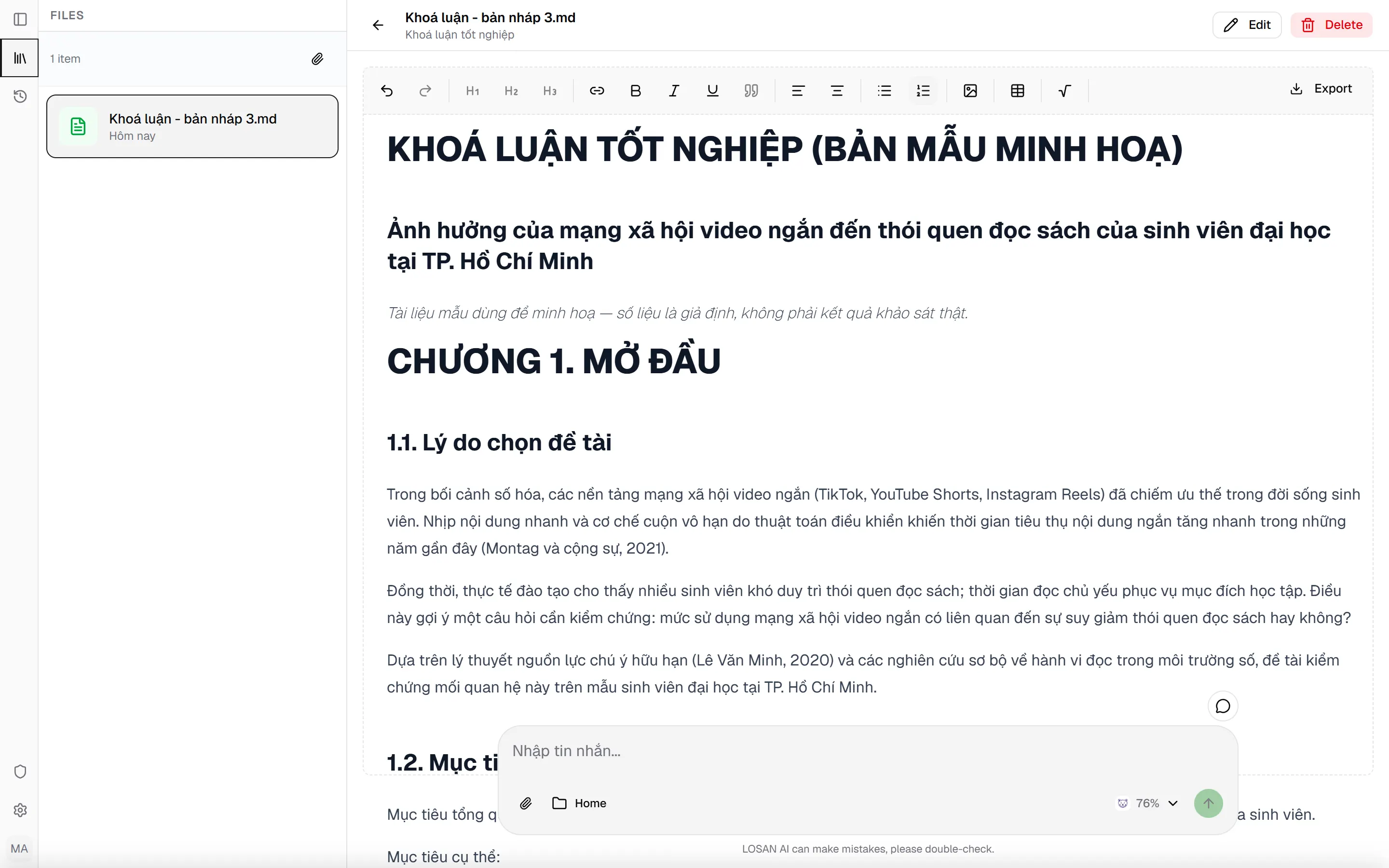 File khoá luận trong trình soạn thảo của LOSAN với mục 1.1 đã được viết lại, mục 1.2 phía dưới giữ nguyên