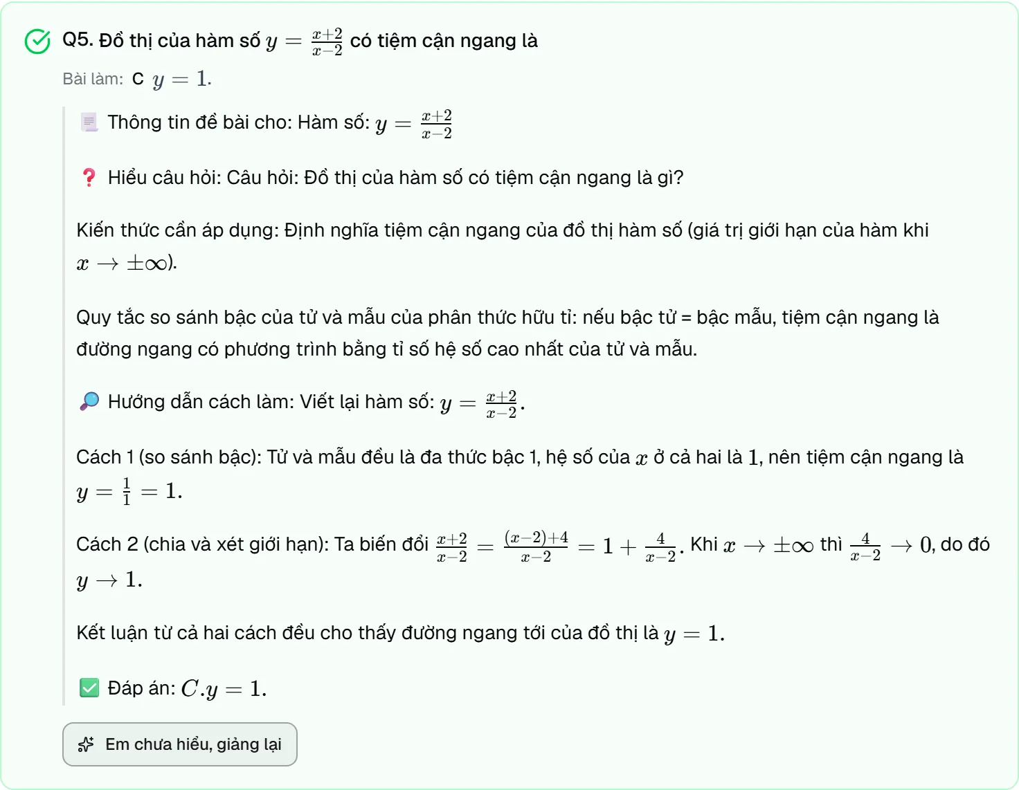 Câu 5 đề thi thử Toán Chuyên KHTN 2026 trên LOSAN: tìm tiệm cận ngang của y = (x + 2)/(x − 2), bài làm chọn đúng C y = 1, lời giải hai cách